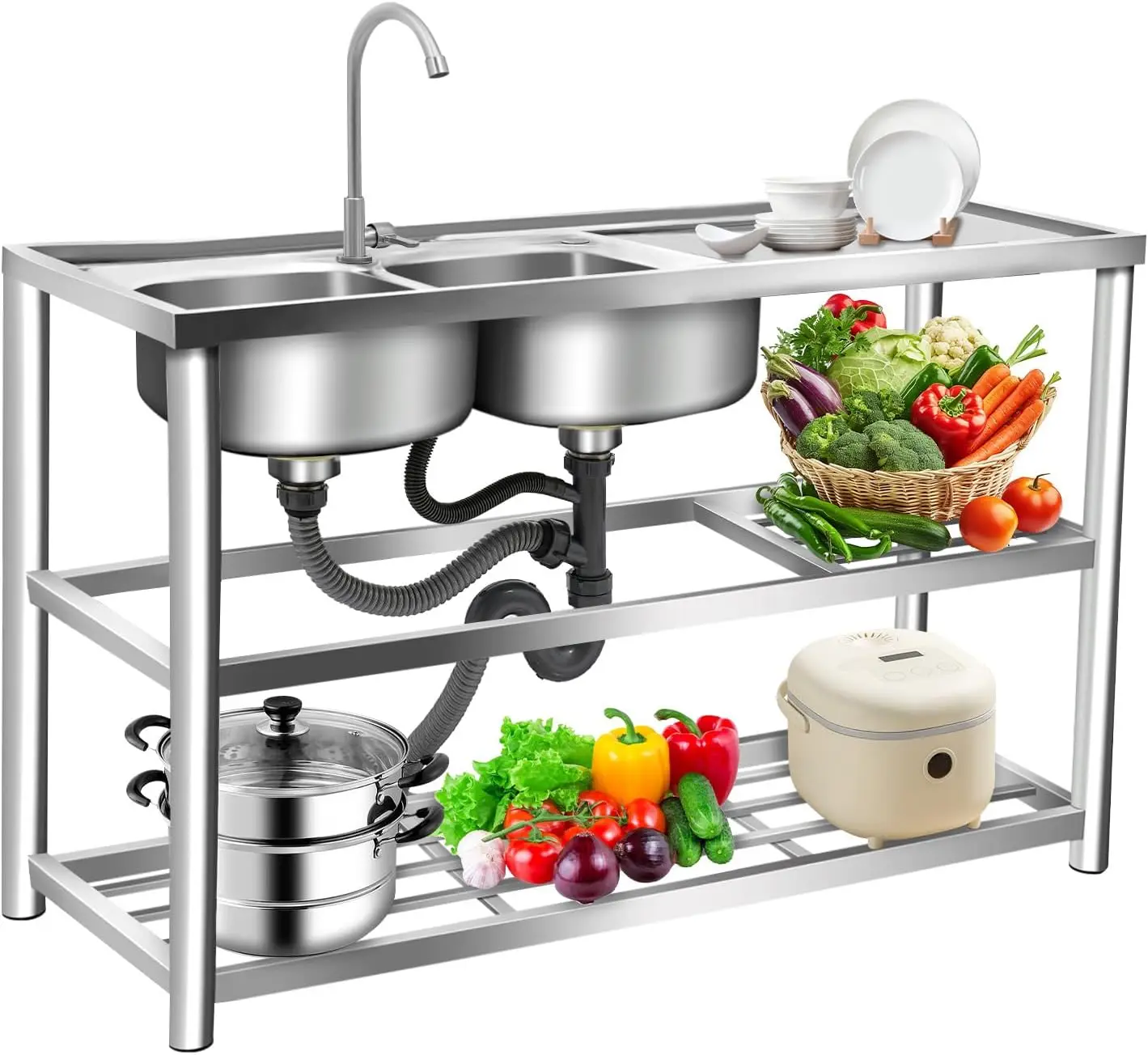 Commercial Kitchen Set - 3-poziomowy wolnostojący zlew ze stali nierdzewnej,